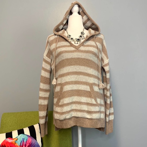 Madewell Tan Cream Striped Knit Hooded Sweater - Picture 1 of 6